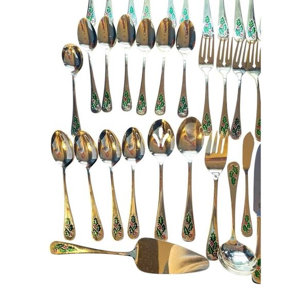 SET OF 51 JAPAN STAINLESS STEEL GOLD TONE HOLLY CHRISTMAS UTENSILS FLATWARE - Picture 2 of 5